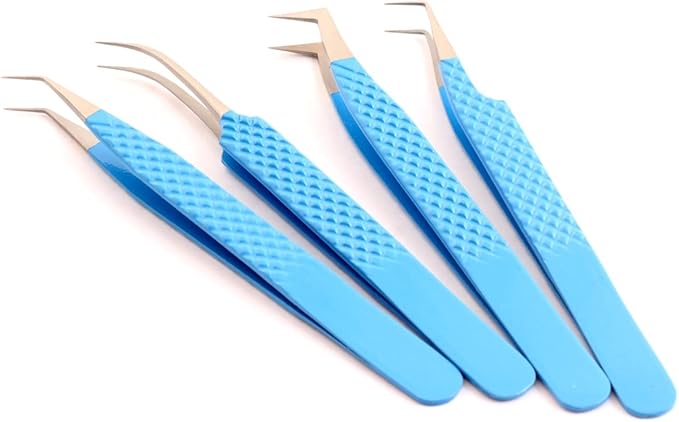 M LASH Tweezers for Eyelash Extensions (Set of 4) - Professional Lash Extension Tweezers - Fiber Tip, Japanese Steel, Diamond Grip Eyelash Extension Tweezer (Tranquil Blue)