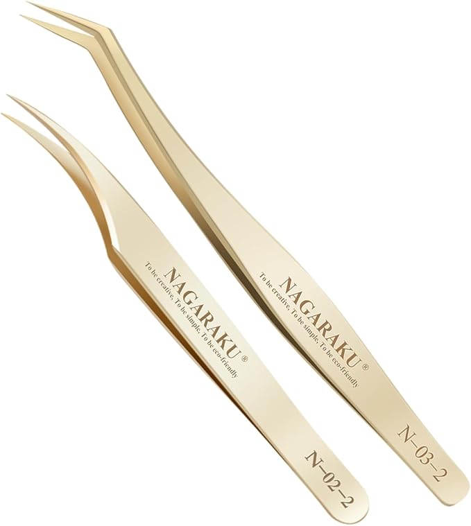 NAGARAKU Eyelash Extension Tweezers Gold Straight Curved 1 pair Angled Long tip Volume Cluster Light Weight Easy Fanning Tweezers Stainless Steel Precision