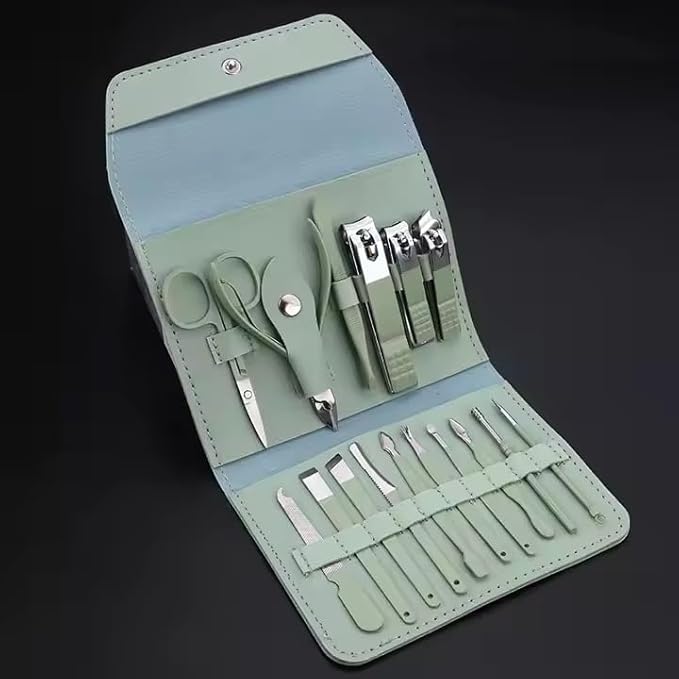 16-Piece Manicure and Pedicure Set with Leather Case, Nail Care Tools Kit, Green/Purple/Pink (Green)
