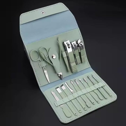 16-Piece Manicure and Pedicure Set with Leather Case, Nail Care Tools Kit, Green/Purple/Pink (Green)