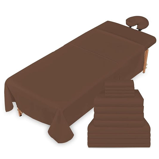 Massage Table Sheets Sets – 4 Set Bundle, 120GSM Double Brushed Microfiber, Premium Massage Sheets Sets, Spa Bed Sheets for Esthetician, Wrinkle & Oil Resistant, Brown