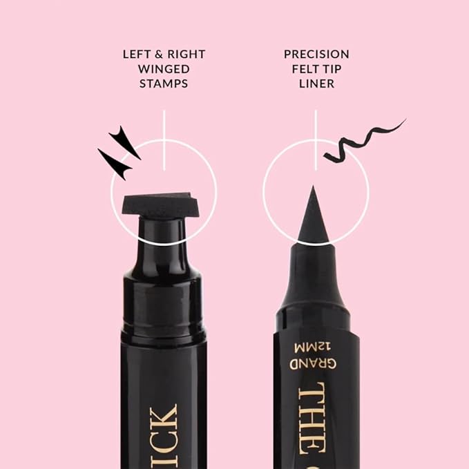 The Quick Flick Winged Eyeliner Stamp – Waterproof & Smudge Proof Vegan Cat Eye Stamp Eyeliner – 3mm Thick Winged Stamp & 8mm Petite Felt-Tip Liquid Hypoallergenic Eyeliner Pen (Intense Black-2 Pen)