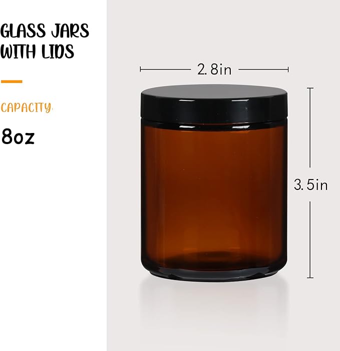 EkkoVla 24 Pack 8 oz Amber Round Glass Jars with 24 Black Lids, Candle Making Jar, Empty Refillable Cosmetic Containers for Lotions, Face Creams, Body Butter, Powders, Ointments, Beauty Products