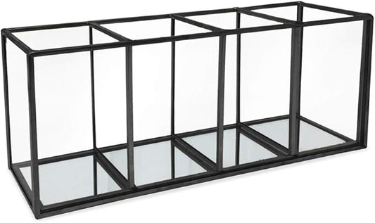 Isaac Jacobs 4-Compartment Organizer- Makeup Brush Holder- Vintage Style Brass and Glass Storage Solution with Mirror Base- Office, Bathroom, Kitchen Supplies and More (Black)