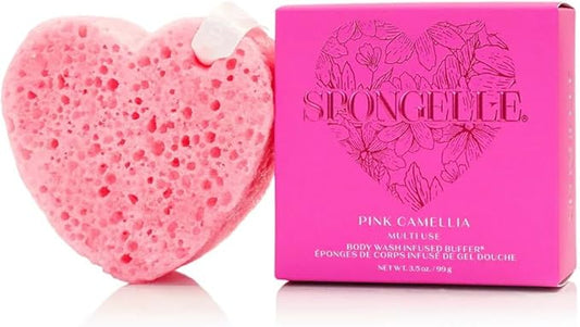 SPONGELLÉ Pink Camellia Body Buffer – All-in-One Exfoliating Sponge & Body Wash for Valentine's & Mother's Day Gifts