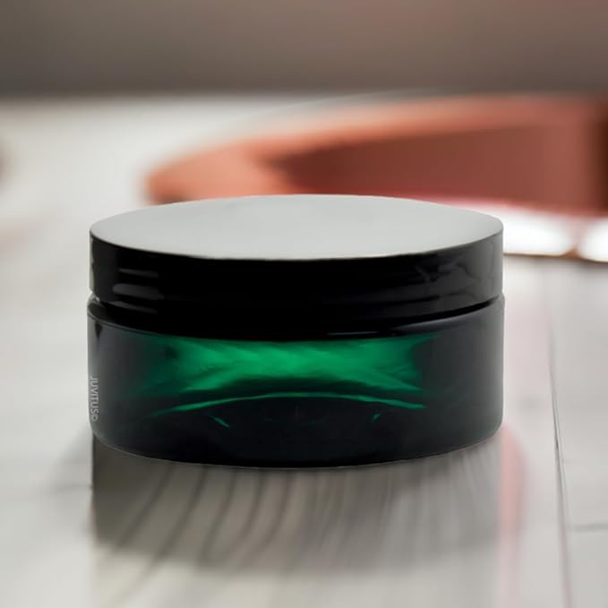 JUVITUS (12 Pack) 8 oz Green PET Plastic Low Profile Jar with Black Smooth Lid
