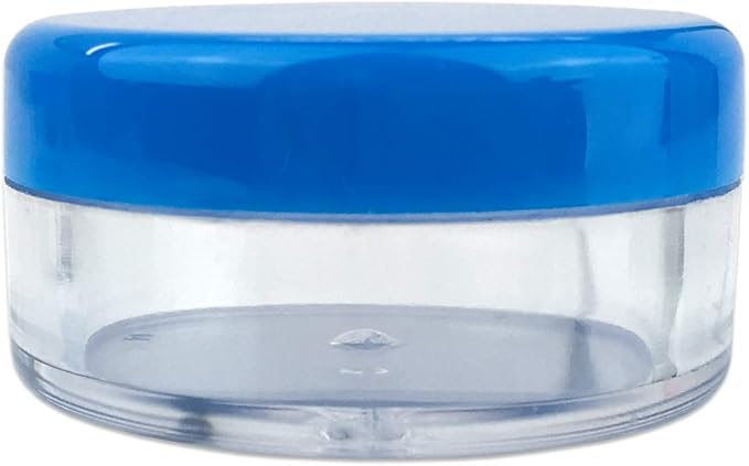 Beauticom (Quantity: 200 Pieces) 5G/5ML Round Clear Jars with Blue Lids for Scrubs, Oils, Toner, Salves, Creams, Lotions, Makeup Samples, Lip Balms