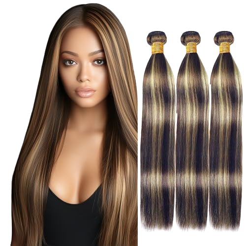 Ombre P1B27 Human Hair Straight Bundles Black and Blonde Straight Bundles two tone Brazilian Human Hair Extensions Soft and Silky for Black Women 8 10 12 Inch