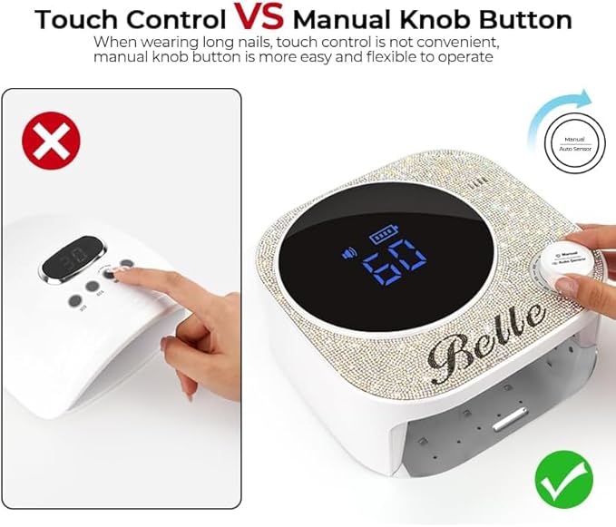 Belle Cordless Nail Lamp, Rechargeable UV Nail Lamp for Gel Nails, LED Nail Lamp with 4 Timer Modes, Gel Nail Light Decorate with Sparkling Nail Rhinestones Diamond