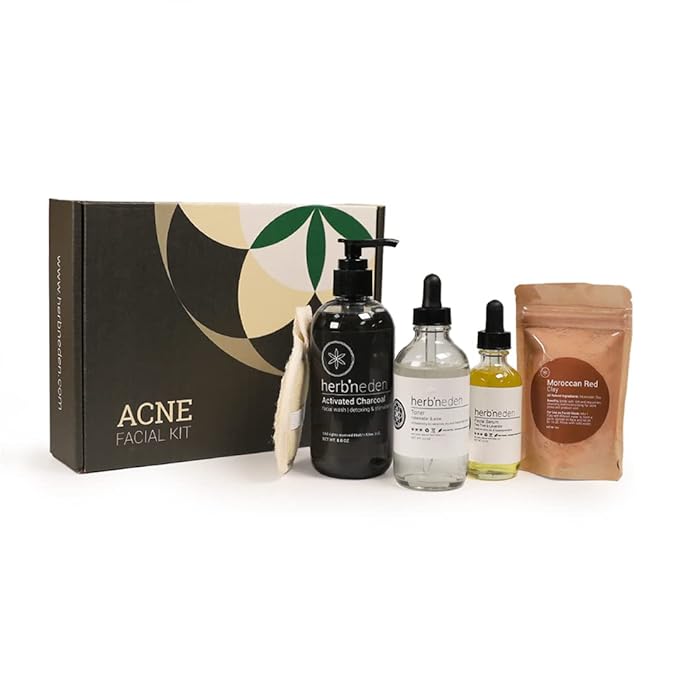 Herb’N Eden - Acne Facial Kit - Cleanse, Mask, Tone, & Moisturize - Natural Ingredients & Essential Oils - Made in USA - 5 Product Set includes Wash, Toner, Serum, Clay Mask, Sisal
