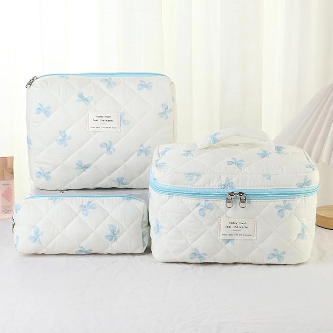 Makeup Bag, 3 PCS Quilted Makeup Bag, Cute Floral Cotton Cosmetic Bag set, Coquette Makeup Pouch Large Travel Toiletry Bag