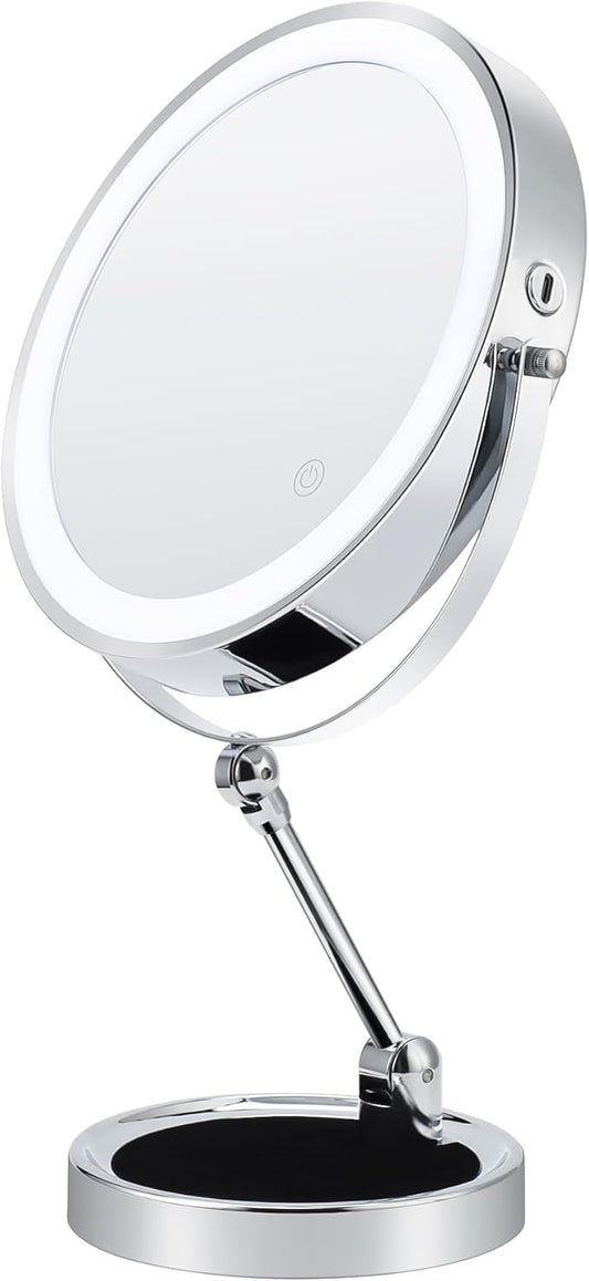 9" Lighted Makeup Mirror,1X/10X Magnifying Vanity Mirror with Height & Brightness Adjustable,Rechargable Makeup Mirror,360°Rotation Double Sided Standing Desk Mirror (Polish Chrome)
