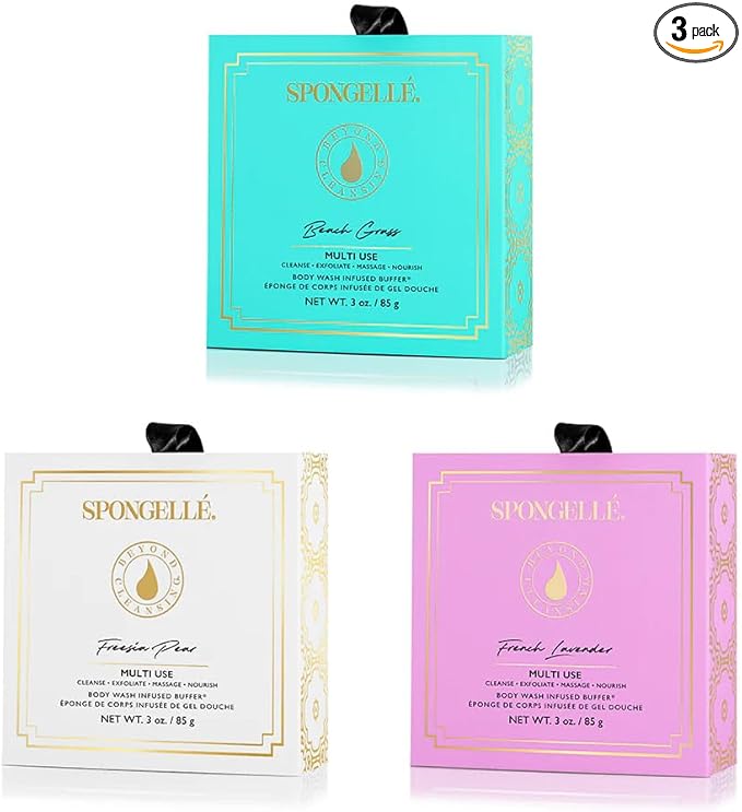 SPONGELLÉ Spongelle Wild Flower Buffer Body Scrubber Bundle with Box | Bath & Shower Loofah for Women | Exfoliator with Body Wash Infused | 14+ uses (Beach Grass, French Lavender, Freesia Pear)
