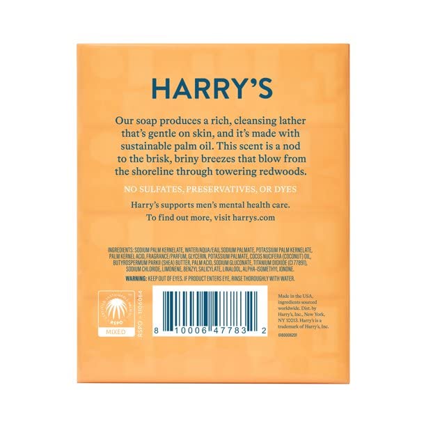Harry's Men's Bar Soap, Redwood Scent Body Bar Soap for Men, 4 Bars, Net Wt 4 oz Each