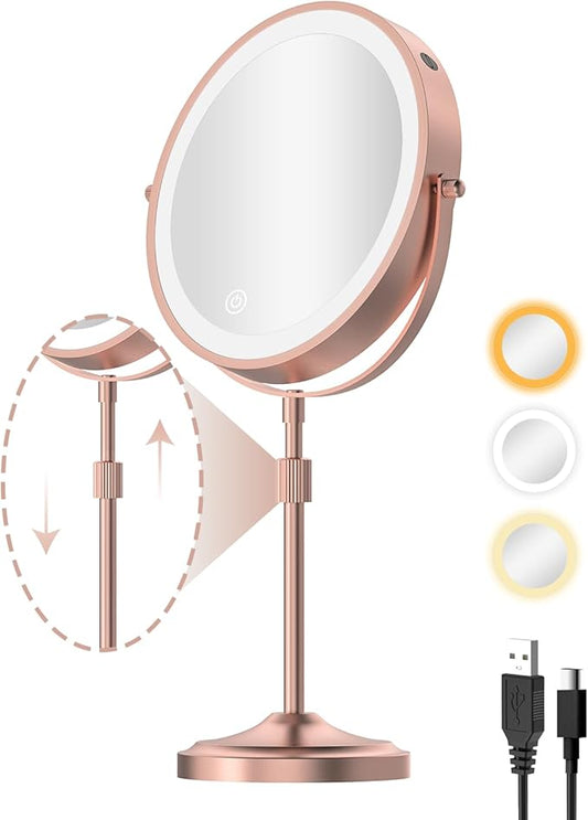 9" Lighted Makeup Mirror with 1X 10x Magnification, 5000mAh Rechargeable Led Magnifying Vanity Mirror with Lights, 3 Lighting Color, Dimmable and Height Adjustable Cordless Cosmetic Mirror Rose Gold
