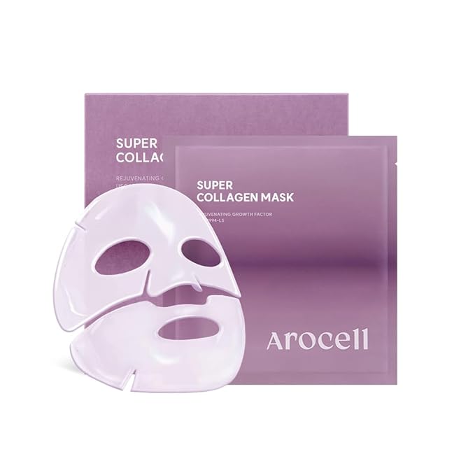 AROCELL Super Collagen Mask 4 Facial Sheet Dual Matrix Hydrogel Masks with Low Molecular Weight Collagen for Elasticity Hydrating Anti-Aging Cooling Korean Skincare, 43g x 4ea