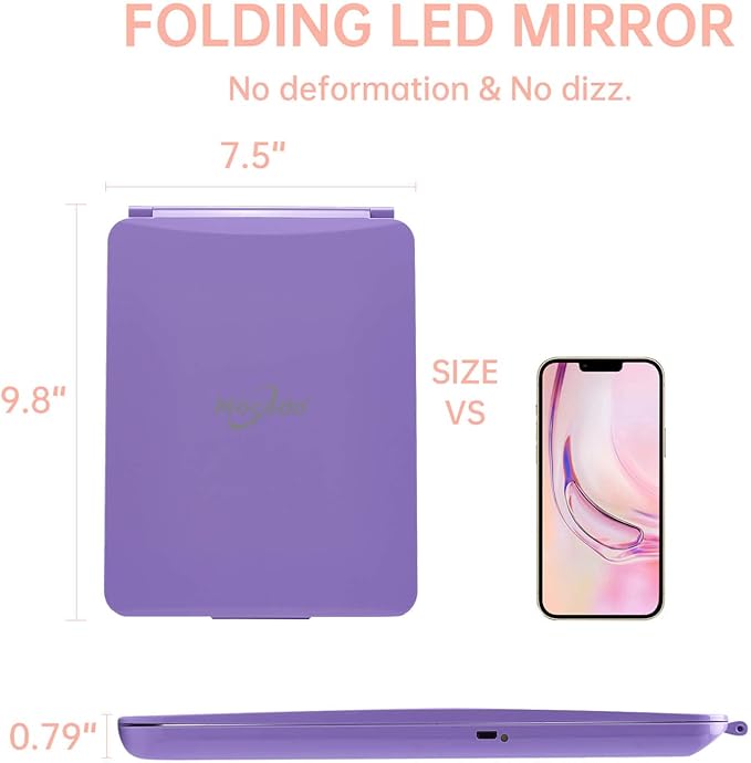 LED Foldable Travel Makeup Mirror - 7x9 inches 3 Colors Light Modes USB Rechargeable Touch Screen, Portable Tabletop Cosmetic Mirror for Travel, Cosmetic, Office (Violet)
