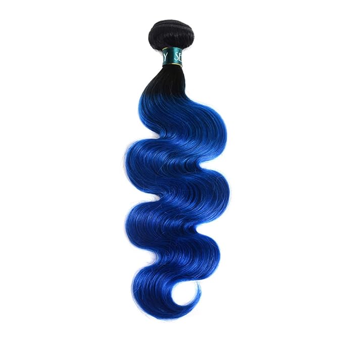 Blue Human Hair Bundles with Closure, Ombre Brazilian Straight Hair 3 Bundles 1b/Blue Remy Silky Body Virgin Human Hair (121416with10)