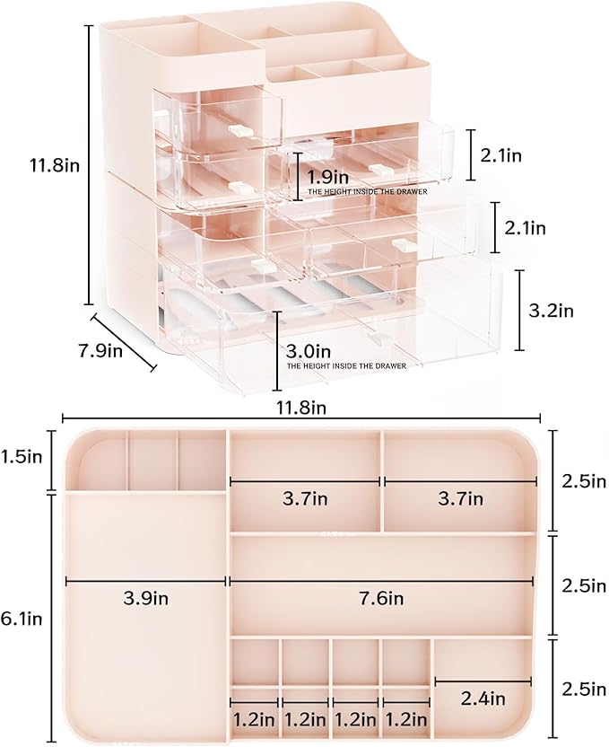 SuoXing Makeup Organizer for Vanity,Large 6 Drawers Make up Organizers for Counter,Plastic Cosmetic Storage Organizer for Dresser Countertop or Bathroom,Beauty Holder for Lipstick,Brush,Skincare,Pink