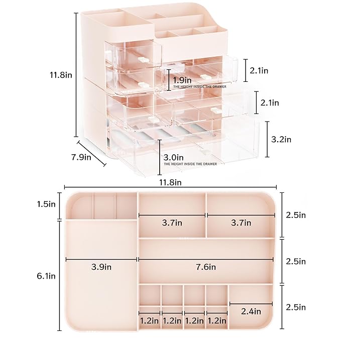 Make up Organizer With 6 Drawers,2 Pack Stackable Plastic Cosmetic Storage Organizer for Dresser and Vanity,Ideal for Beauty,Perfume,Brushes,Skincare Bathroom Organizers and Storage Counter,Pink