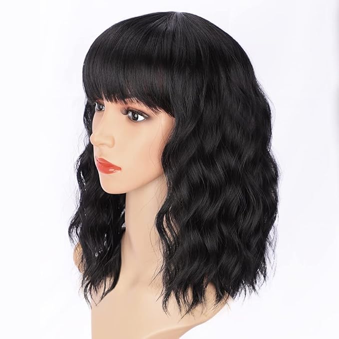 AISI HAIR Bob Curly Wig Synthetic Short Black Wig with Bangs Natural Looking Heat Resistant Fiber Hair for Women