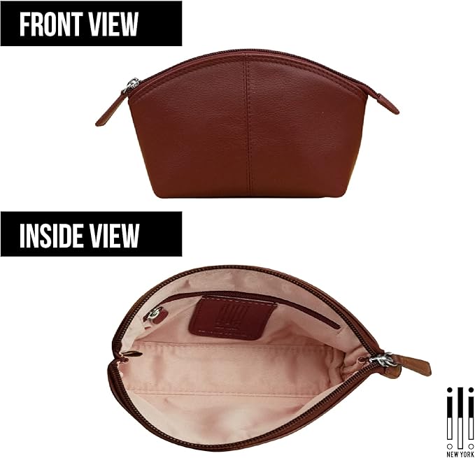 ili New York Genuine Leather Cosmetic Pouch – RFID Blocking, Leather Makeup Bag for Purse with Top Zip Closure & Interior Zip Pocket, Perfect as a Compact and Stylish Travel Cosmetic Bag