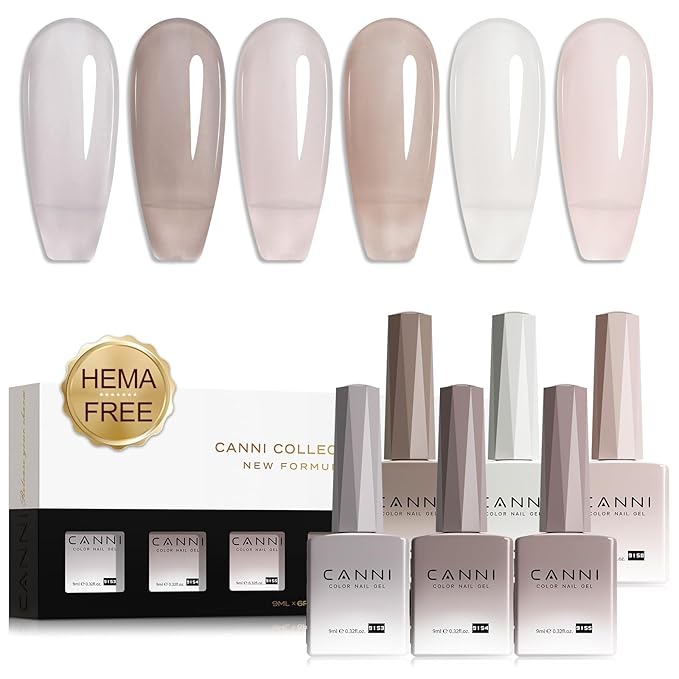 CANNI Jelly Gel Nail Polish Set,Milky White Nude Grey 6 Colors 9ML Jelly Translucent Gel Polish Set,Natural Neutral Nude Grey, High Gloss Soak Off UV LED Gel Nail Manicure Salon DIY