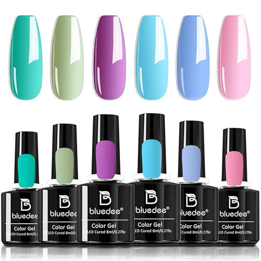Bluedee Gel Nail Polish-Gel Nail Polish Kit,UV Soak-off Nail Gel Home DIY Manicure,6Pcs/Set Summer Series Mint-Green Light-Purple Baby-Blue Light-Pink,Gel Nail Kit for Starter