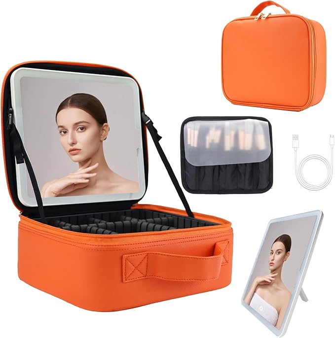 Travel Makeup Bag with LED Lighted Mirror,Travel Makeup Organizer, Makeup Bag with 3 Color Lighted Setting, Portable Storage and Adjustable Dividers Makeup Box(Orange)