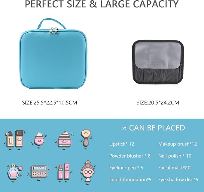 Travel Makeup Bag with LED Lighted Mirror,Cosmetics Organizer, Makeup Bag with 3 Color Lighted Setting, Portable Storage and Adjustable Dividers Travel Makeup Bag(blue)