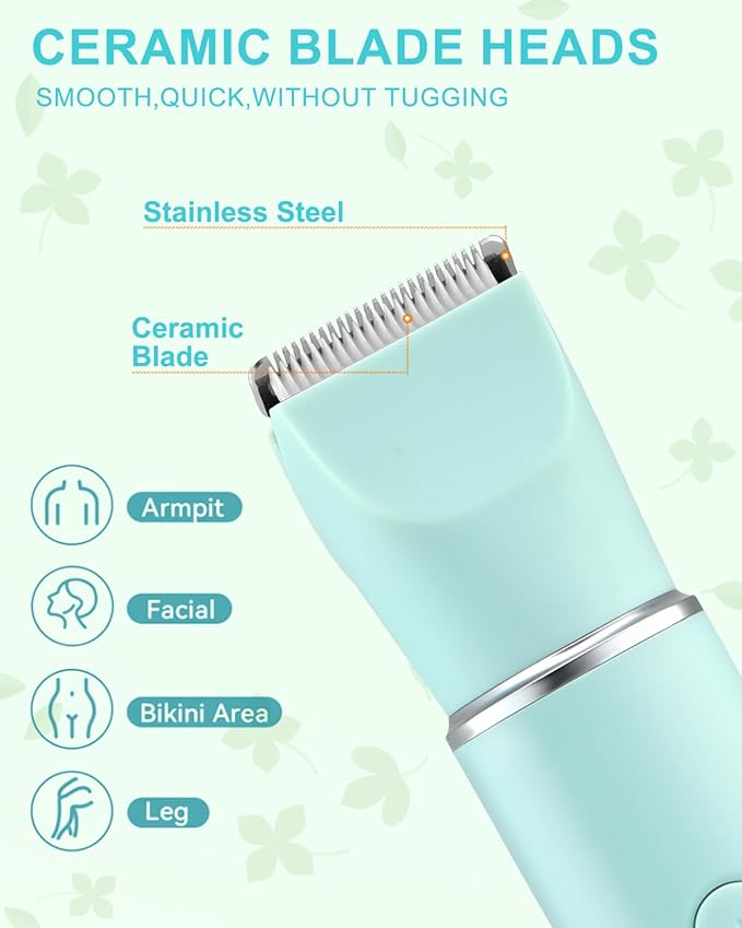 Bikini Trimmer for Women,3-in-1 Painless Electric Razors & Shaver Nose,IPX7 Waterproof,Body Hair Trimmer for Underarm/Pubic/Nose/Legs,USB-C Rechargeable Women's Grooming Kit(Green)