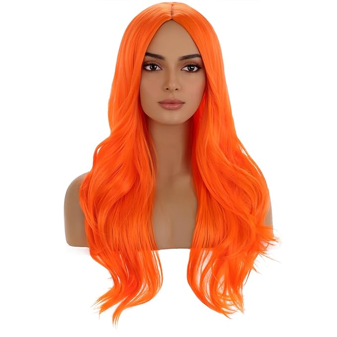 BERON Orange Long Wig for Women Girls Curly Wavy Hair Wigs 28" Halloween Cosplay Party Heat Resistant Synthetic Fiber Wigs