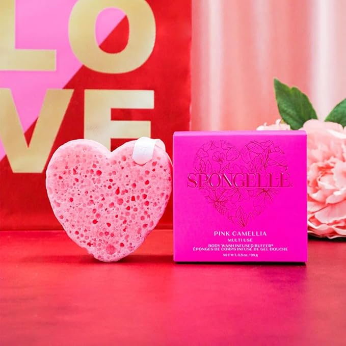 SPONGELLÉ Pink Camellia Body Buffer – All-in-One Exfoliating Sponge & Body Wash for Valentine's & Mother's Day Gifts