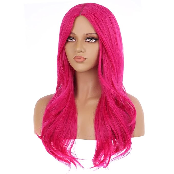 BERON Hot Pink Long Wigs for Women Girls Magenta Curly Wavy Hair Wig Middle Part Dark Pink Heat Resistant Synthetic Fiber Wigs
