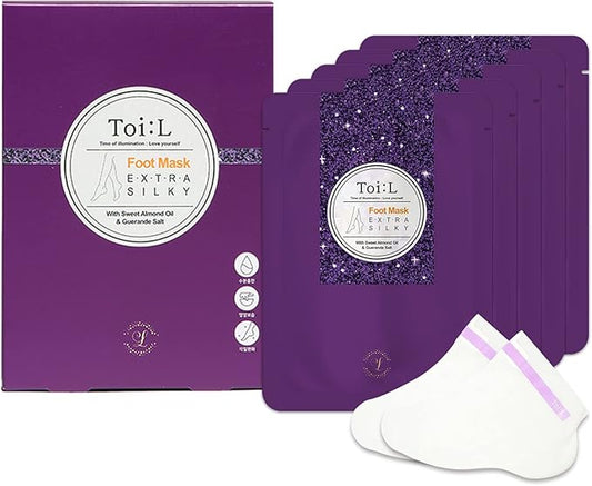 Extra Silky Foot Mask 5 Pairs, Post-Peeling Foot Care Treatment, Moisturizing Socks with Guerande Salt & Sweet Almond Oil for Dry Feet, Cracked Heels, and Callus