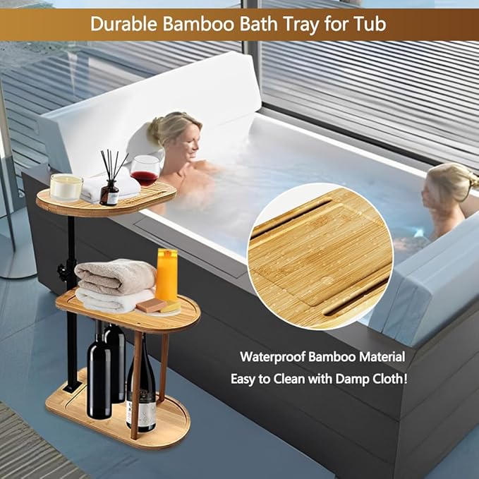 3 Layer Bathtub Tray Table,Bamboo Swivel Bathtub Side Table Height Adjustable,Freestanding Bathtub Tray for Tub Against Wall,Bathtub Accessories&Bathroom Organizer for Luxury Home Spa-Natural
