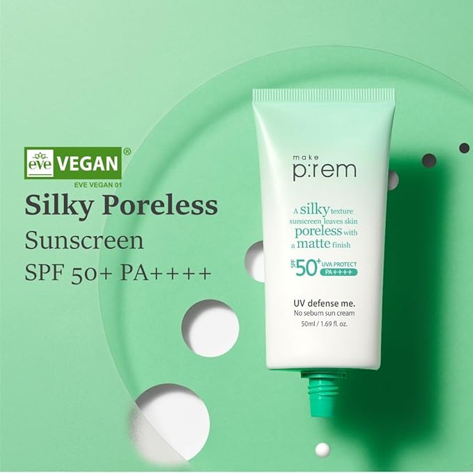 MAKE P:REM UV Defence me. No Sebum Sunscreen, SPF 50+ PA++++ Reef-Safe Silky Texture Sunscreen with Poreless and Matte Finish, UVA/UVB Protection, Korean Sunscreen, 1.69 fl oz, 50ml