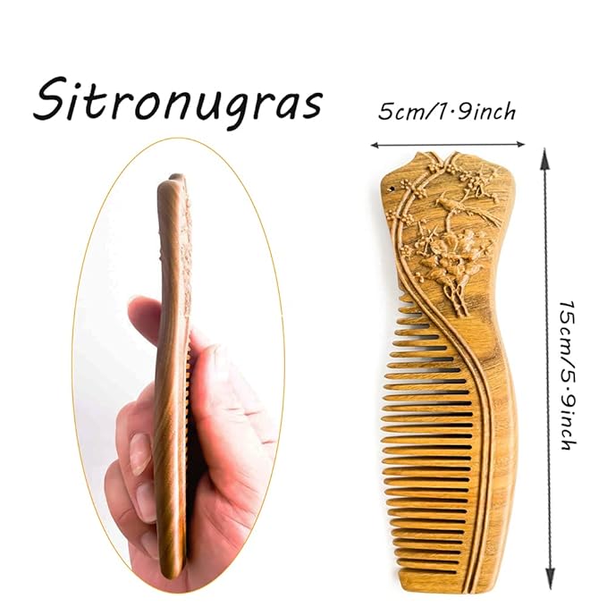 Handmade Carved Green Sandalwood Hair Comb, Fine Tooth Wooden Comb，Anti-Static No Snag Wood Combs for Women Kids,Oriental Gift for women with gift box (Cheongsam)