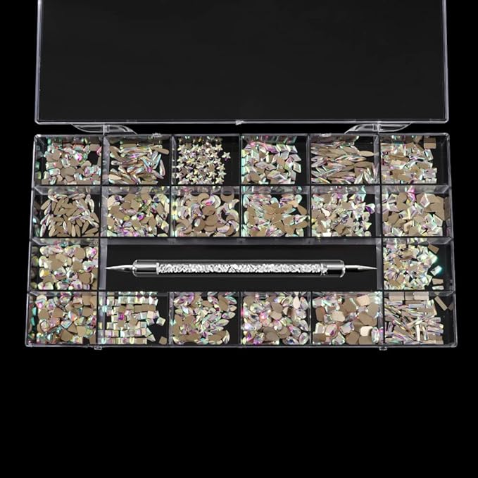 3100Pcs Nail Crystal Rhinestones Kit, Mix Shapes AB Glass, 3D Diamonds Flatback Crystals, with a Drill Pen, Nail Crystal Non Hotfix, Nail Art Decoration(Silver)