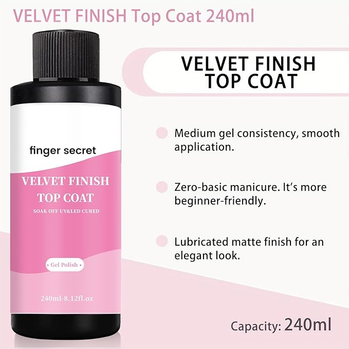 240ml/8.12floz Velvet Finish Matte Top Coat for Gel Nail Polish,Fashion Matte Nail Polish,Nail Supplies for DIY in Salon or Home Use.