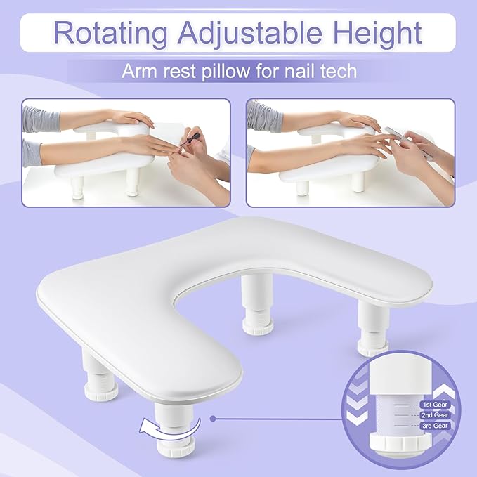 Arm Rest for Nail Tech: Adjustable Height PU Leather Nail Rest Stand, U-shaped Professional Manicure Hand Rest Pillow for Acrylic Nails Salon Home Use White