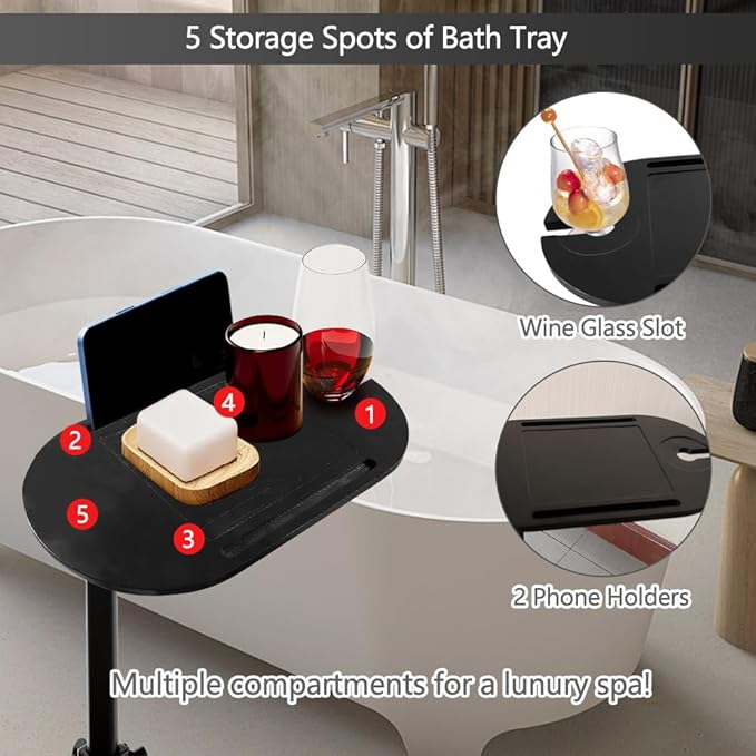 3 Layer Bathtub Tray Table,Bamboo Swivel Bathtub Side Table Height Adjustable,Freestanding Bathtub Tray for Tub Against Wall,Bathtub Accessories&Bathroom Organizer for Luxury Home Spa-Black