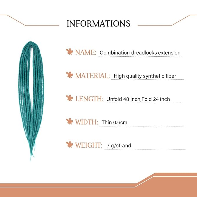 24 In Double Ended Dreadlock Extensions, Castleton Green 10 Strands Thin 0.6cm Width Synthetic DE Dreads Extensions, 100% Handmade Dreads Hippie Style Dreadlocks for Woman