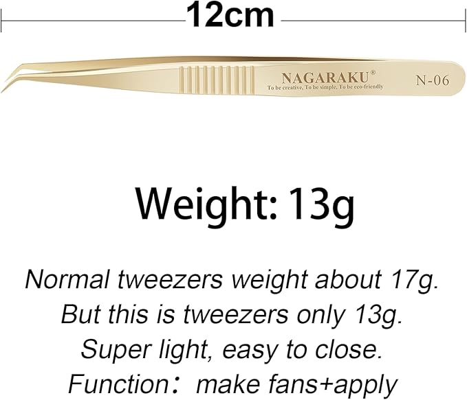 NAGARAKU Gold Tweezers for Eyelash Extensions Curved Angled Volume Cluster Super Light Weight Easy Fanning Tweezers Stainless Steel Precision (N-06)