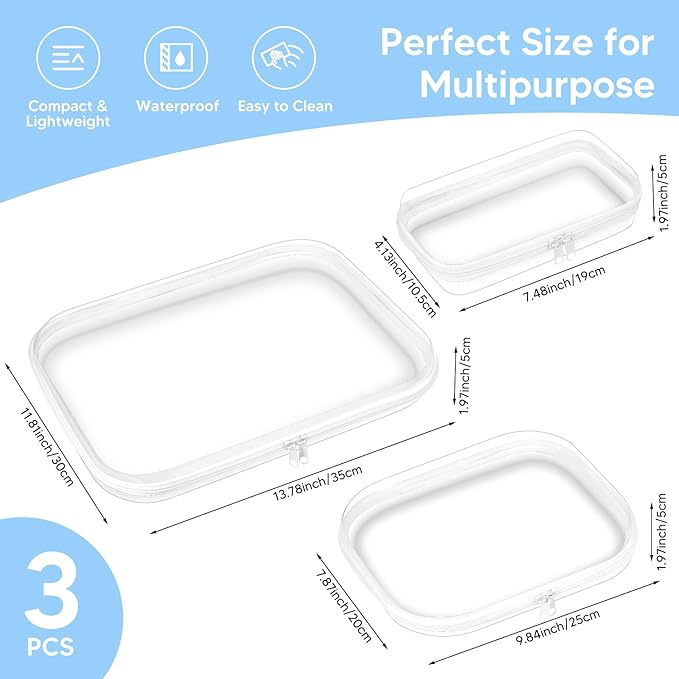 3PCS Clear Hard Shell Zipper Case for Storage, Portable Waterproof Cosmetic Bag with Zipper, Plastic Clear Pencil Case, Toiletry Pouch, Travel Organizer, Toy Storage Bins