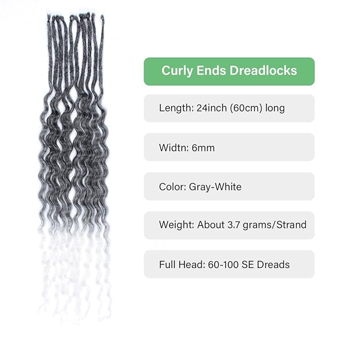 24 In 30 Strands Curly Dreadlock Extensions, Gray to White Synthetic Single Ended Dreads Extensions, 100% Handmade Dreads Hippie Style Dreadlocks for Woman