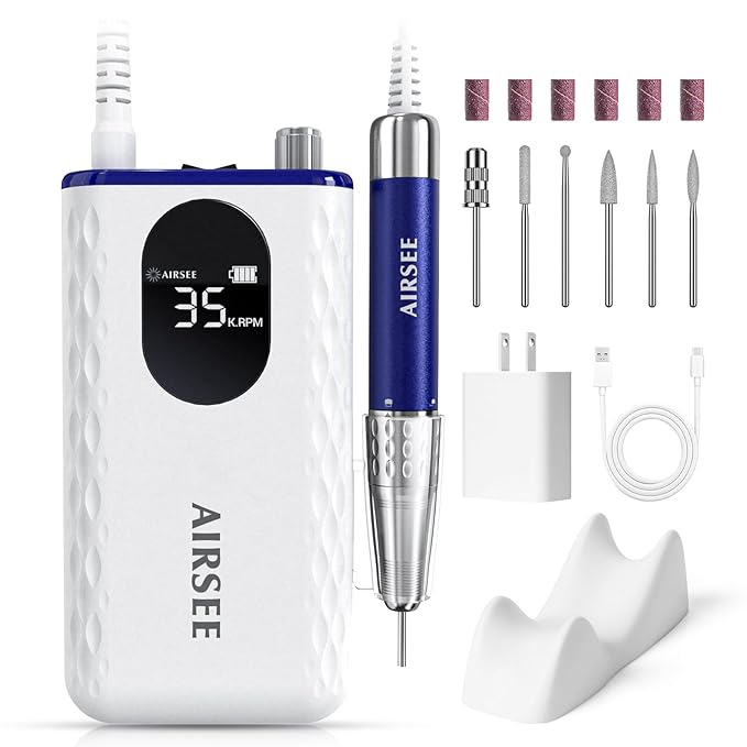 AIRSEE Updated Professional Nail Drill,Rechargeable Cordless Efile Machine for Acrylic Extension Gel Dip Powder Powerful Portable Efile 56 Sanding Bands 7 Bits,Low Noise Low Heat,G7 Blue