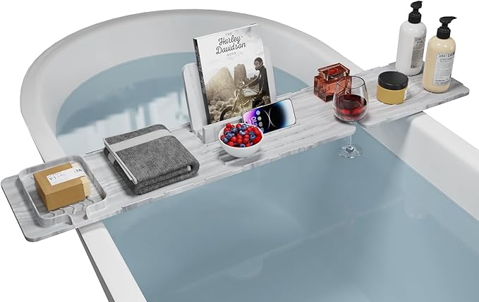 Luxury Bathtub Caddy Tray, Made of Stainless Steel and Silicone, Waterproof, Anti-Bending, Solid Bath Tray for Tub, Ideal Gift for Woman and Man Relaxing, 35.4×6.7 inches