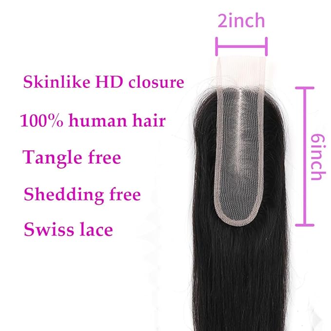 AUTTO Brazilian 2x6 Lace Closure Straight 100% Human Hair Kim K Middle Part Lace Closure Straight Transparent Lace Closure Human Hair 2x6 Kim K Closure Natural Color 14inch