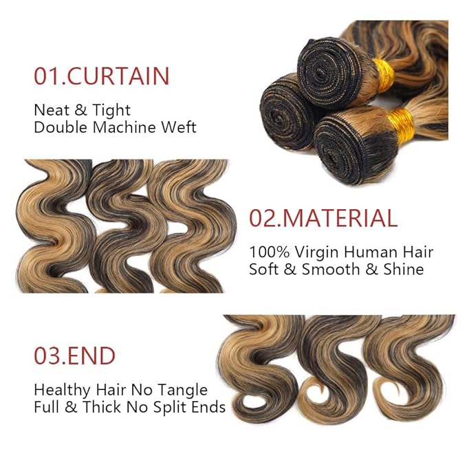 Ombre P1B27 Highlights Human Hair Body Wave Bundles Black and Blonde Body Wave Bundles Human Hair Brazilian Soft and Silky for Black Women 8 10 12 Inch